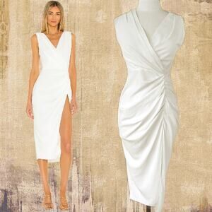 AMANDA UPRICHARD Pomona Ruched Slit Midi Dress in Pale Ivory Size Small Revolve